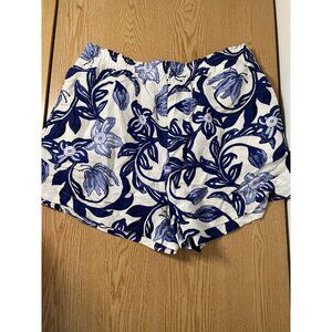 B98 New Women’s H&M Tropical 🌴 Leaf Print Shorts Viscose Linen White Navy XL